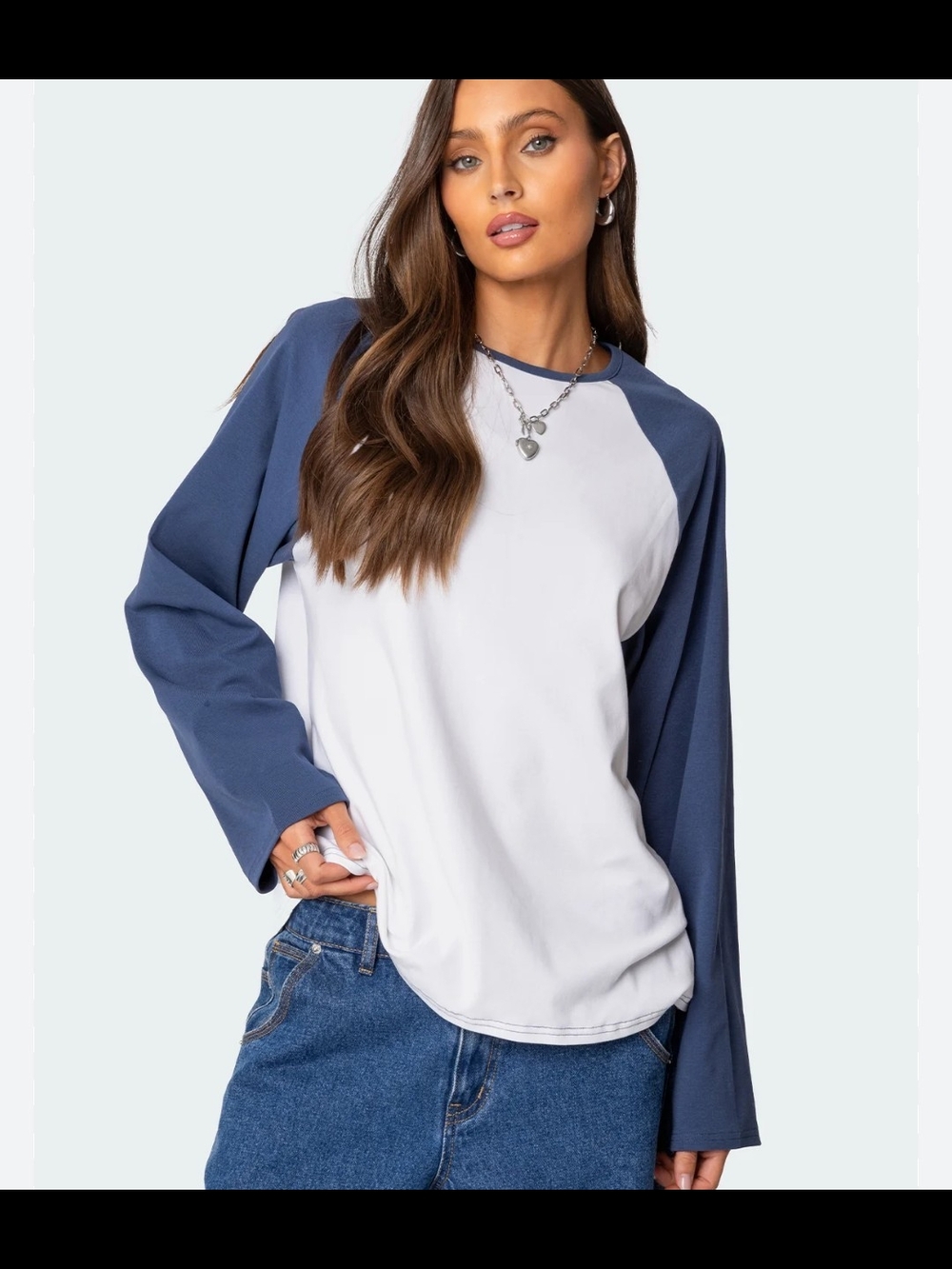 Edikted Raglan Long Sleeve Top - White with Navy Sleeves